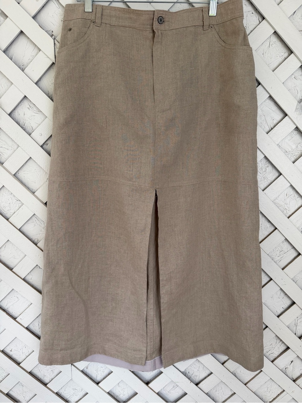 Nicole Miller Tan 100% European Flax Linen Maxi Skirt Front Slit XL Coastal